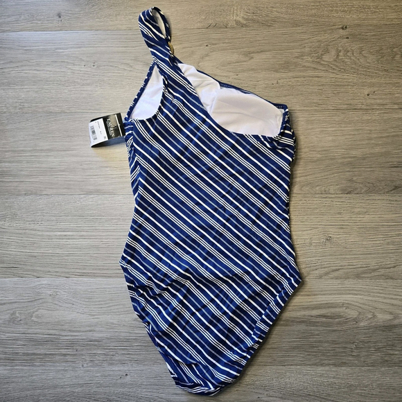 Lauren Ralph Lauren Harper Stripe One Shoulder One Piece Swimsuit Navy 6 NWT - Picture 3 of 10